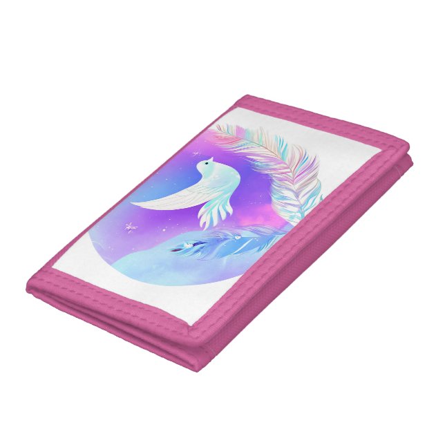 White Dove with Pink and Blue Feathers Trifold Wallet (Bottom)