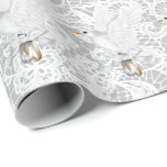 White Dove with Wedding Rings on Lace Wrapping Paper<br><div class="desc">White doves with wedding rings on a fancy white lace pattern and silver gray background color.
Background color can be changed.</div>