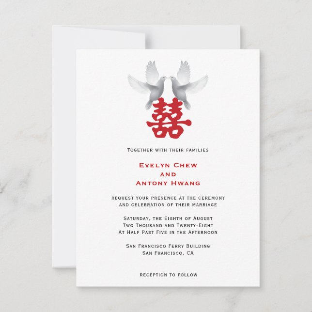 White Doves and Double Happiness | Chinese Wedding Invitation (Front)