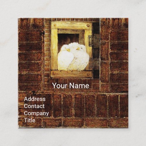 WHITE DOVES AT FARM WINDOW Yellow Brown Square Business Card