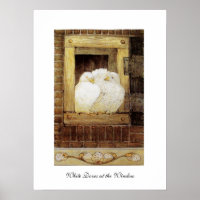 WHITE DOVES AT THE WINDOW,antique brown yellow
