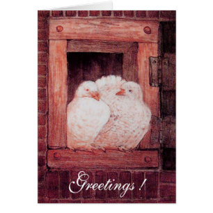 WHITE DOVES AT THE WINDOW, antique red pink Cards