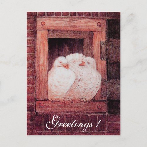 WHITE DOVES AT THE WINDOW antique red pink Postcard