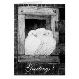 WHITE DOVES AT THE WINDOW, black and white Cards