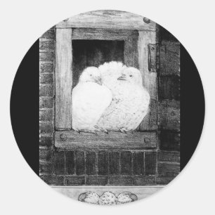 WHITE DOVES AT THE WINDOW black and white Classic Round Sticker