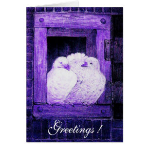 WHITE DOVES AT THE WINDOW, blue purple Cards