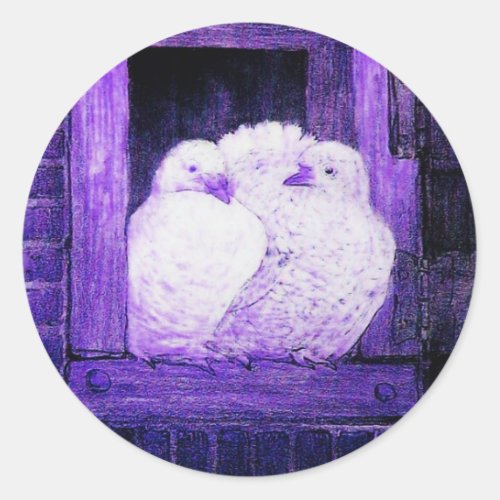 WHITE DOVES AT THE WINDOW blue purple Classic Round Sticker