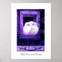 WHITE DOVES AT THE WINDOW, blue purple