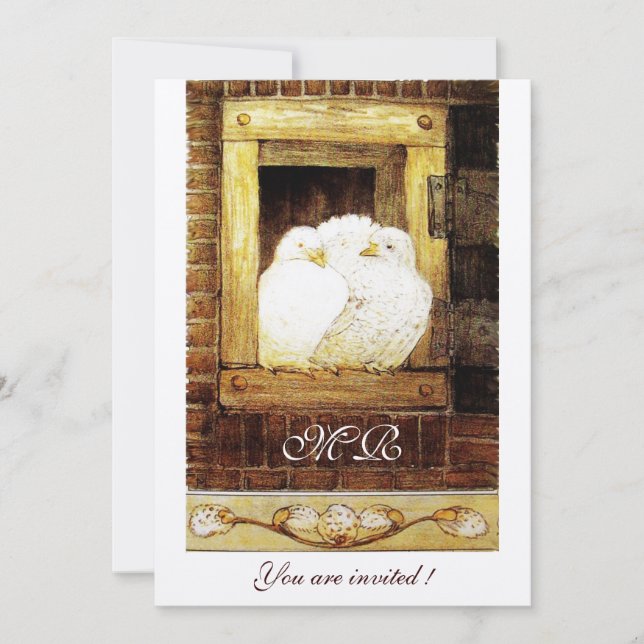 WHITE DOVES AT THE WINDOW monogram champagne Invitation (Front)