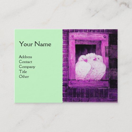 WHITE DOVES AT THE WINDOWmonogram purple green Business Card