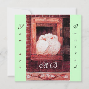 WHITE DOVES AT THE WINDOW, monogram red green Invitation