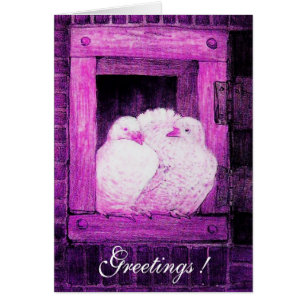 WHITE DOVES AT THE WINDOW, pink purple violet Cards