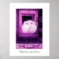 WHITE DOVES AT THE WINDOW, pink purple violet