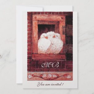 WHITE DOVES AT THE WINDOW,red, ice metallic Invitation