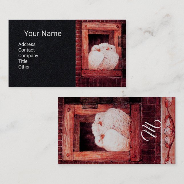 WHITE DOVES AT WINDOW,Monogram Red Black Paper Business Card (Front/Back)
