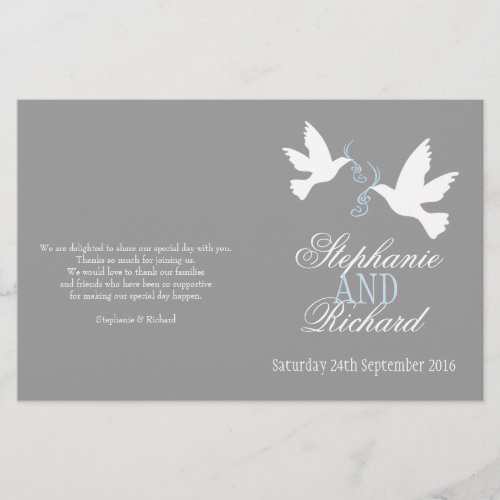 White doves blue ribbon grey Wedding Programme