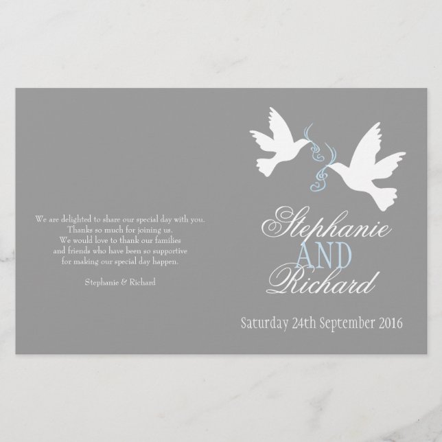White doves blue ribbon grey Wedding Programme (Front)