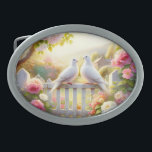 White Doves Cottage Garden Belt Buckle<br><div class="desc">Two white doves rest together on a weathered garden gate, framed by blooming roses and soft spring foliage beneath a warm, glowing sky. The scene evokes gentle romance, peace, and timeless countryside charm, blending cottagecore nostalgia with a dreamy watercolor aesthetic. Pastel pinks, creamy whites, and sunlit greens create an airy,...</div>
