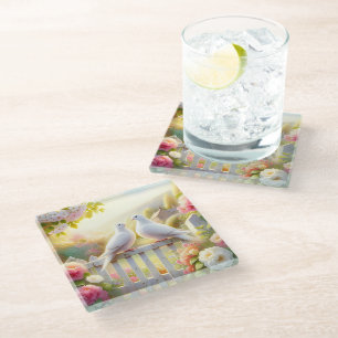 White Doves Cottage Garden Glass Coaster