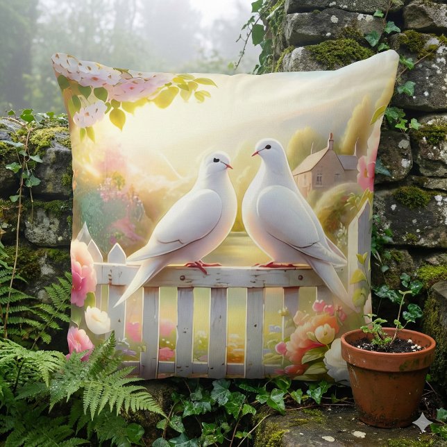 White Doves Cottage Garden Throw Pillow (White Doves Cottage Garden Throw Pillow Mockup A)