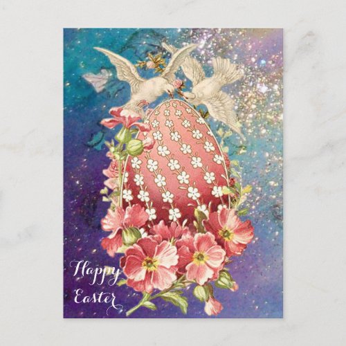 WHITE DOVESEASTER EGG AND PINK FLOWERS IN BLUE HOLIDAY POSTCARD