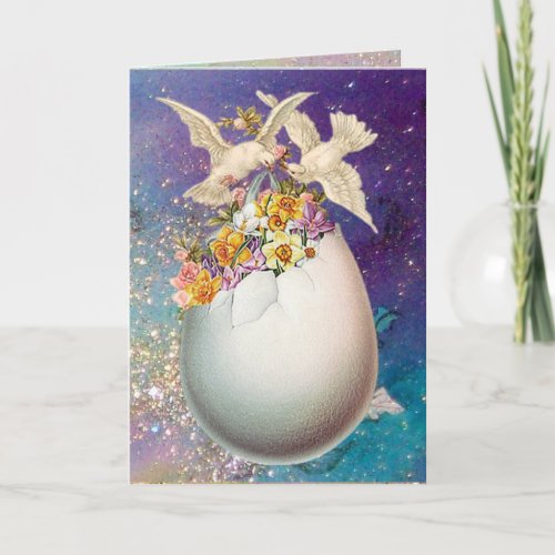 WHITE DOVES EASTER EGG AND YELLOW FLOWERS IN BLUE HOLIDAY CARD