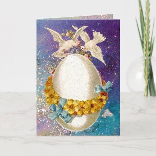 WHITE DOVES EASTER EGG AND YELLOW FLOWERS IN BLUE HOLIDAY CARD