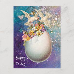 WHITE DOVES,EASTER EGG,PINK YELLOW FLOWERS IN BLUE HOLIDAY POSTCARD