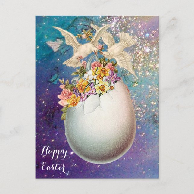 WHITE DOVES,EASTER EGG,PINK YELLOW FLOWERS IN BLUE HOLIDAY POSTCARD (Front)