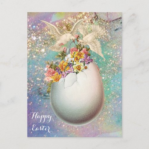 WHITE DOVESEASTER EGGPINK YELLOW FLOWERS IN BLUE HOLIDAY POSTCARD