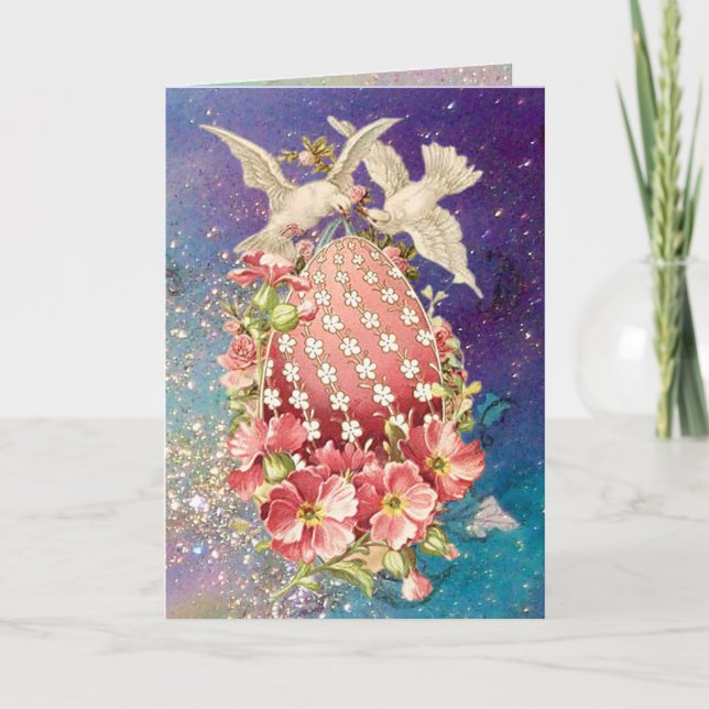 WHITE DOVES ,EASTER EGG WITH PINK FLOWERS IN BLUE HOLIDAY CARD (Front)