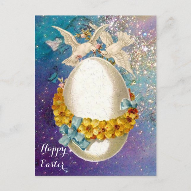 WHITE DOVES,EASTER EGG ,YELLOW FLOWERS,BLUE BOWS HOLIDAY POSTCARD (Front)