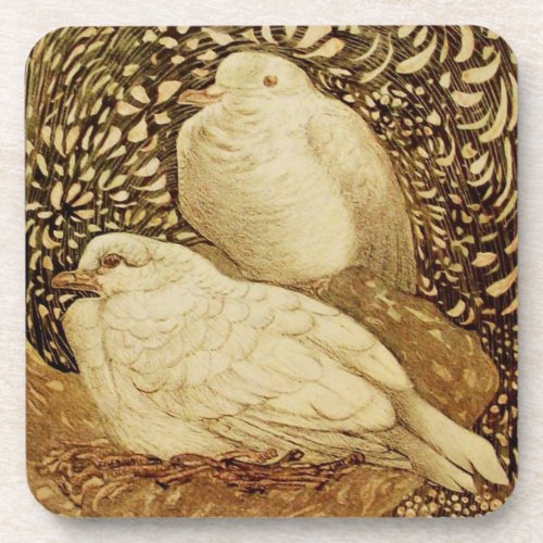 WHITE DOVES IN BrownSepia Coaster