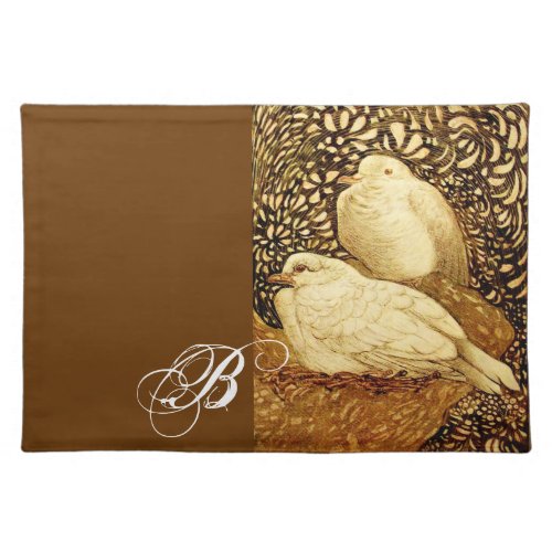 WHITE DOVES IN BROWN SEPIA MONOGRAM CLOTH PLACEMAT