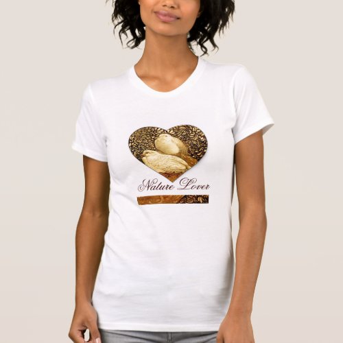 WHITE DOVES IN BROWN SEPIA   NATURE LOVER HEART T_Shirt