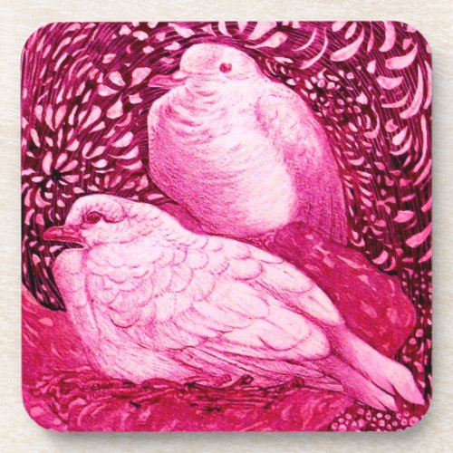 WHITE DOVES IN PINK  FUCHSIA BEVERAGE COASTER