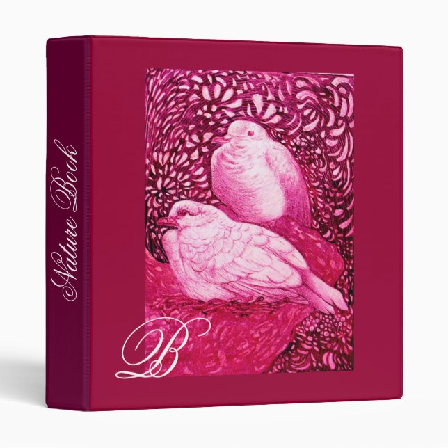 WHITE DOVES IN PINK FUCHSIA MONOGRAM 3 RING BINDER (Front/Spine)