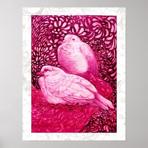 WHITE DOVES IN PINK FUCHSIA POSTER
