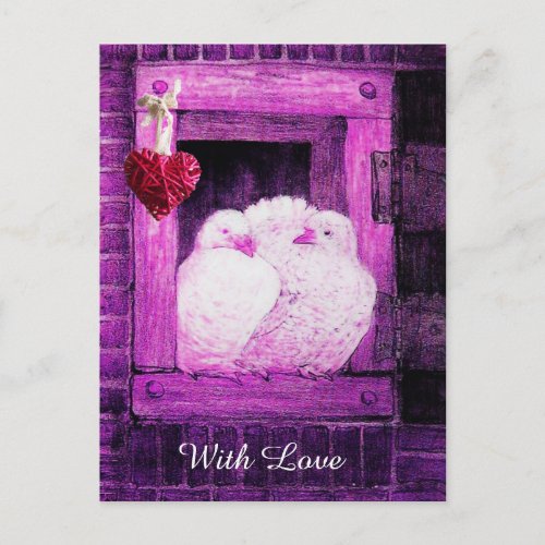 WHITE DOVES IN PINK WINDOW VALENTINES DAY LOVE HOLIDAY POSTCARD