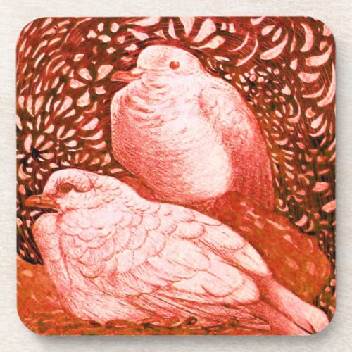 WHITE DOVES IN RED DRINK COASTER