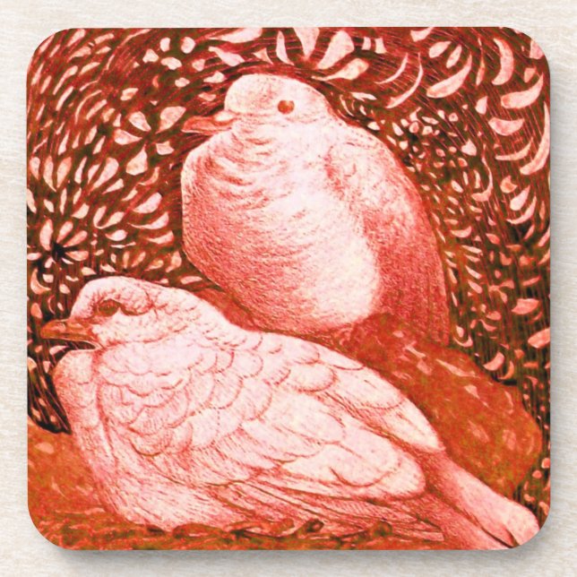 WHITE DOVES IN RED DRINK COASTER (Front)