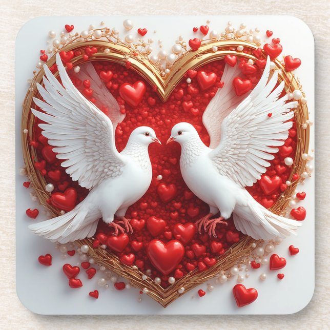 White Doves Love Heart Romantic Birds Beverage Coaster (Front)