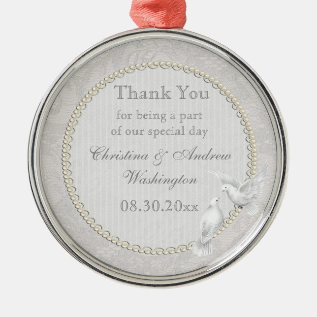 White Doves & Paisley Lace Thank You Wedding Favor Metal Ornament (Front)