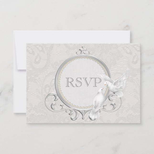 White Doves & Paisley Lace Wedding RSVP (Front)