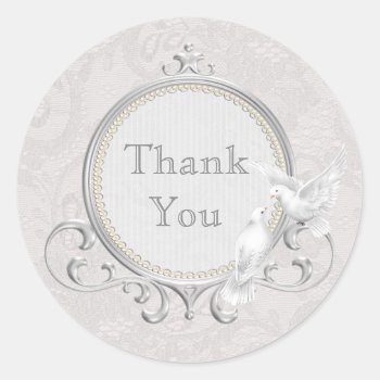White Doves & Paisley Lace Wedding Thank You Classic Round Sticker by AJ_Graphics at Zazzle