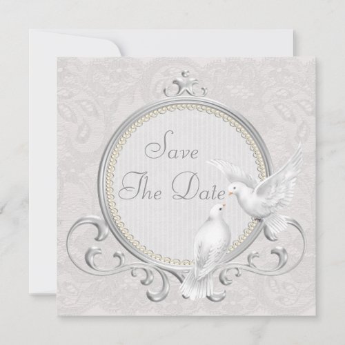 White Doves  Pearls Paisley Lace Save The Date