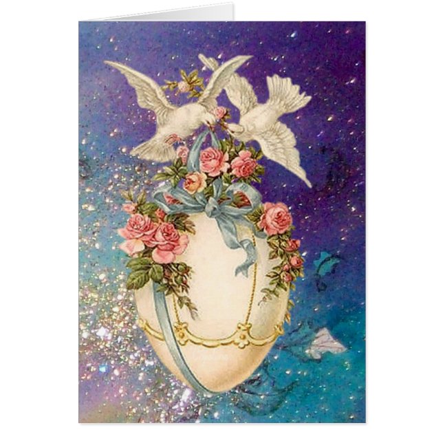 WHITE DOVES WITH EASTER EGG,BLUE BOW,PINK ROSES CARDS (Front)