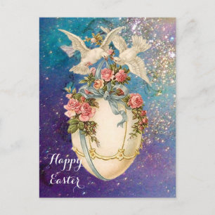 WHITE DOVES WITH EASTER EGG,BLUE BOW,PINK ROSES HOLIDAY POSTCARD