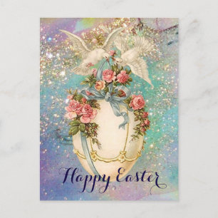 WHITE DOVES WITH EASTER EGG,BLUE BOW,PINK ROSES HOLIDAY POSTCARD