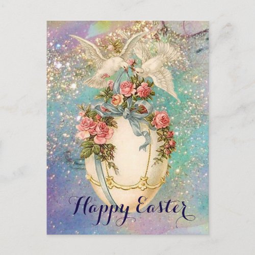 WHITE DOVES WITH EASTER EGGBLUE BOWPINK ROSES HOLIDAY POSTCARD